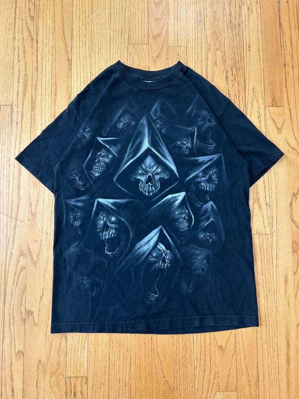Y2K Hooded Grim Reaper Skull Pile Graphic T-Shirt